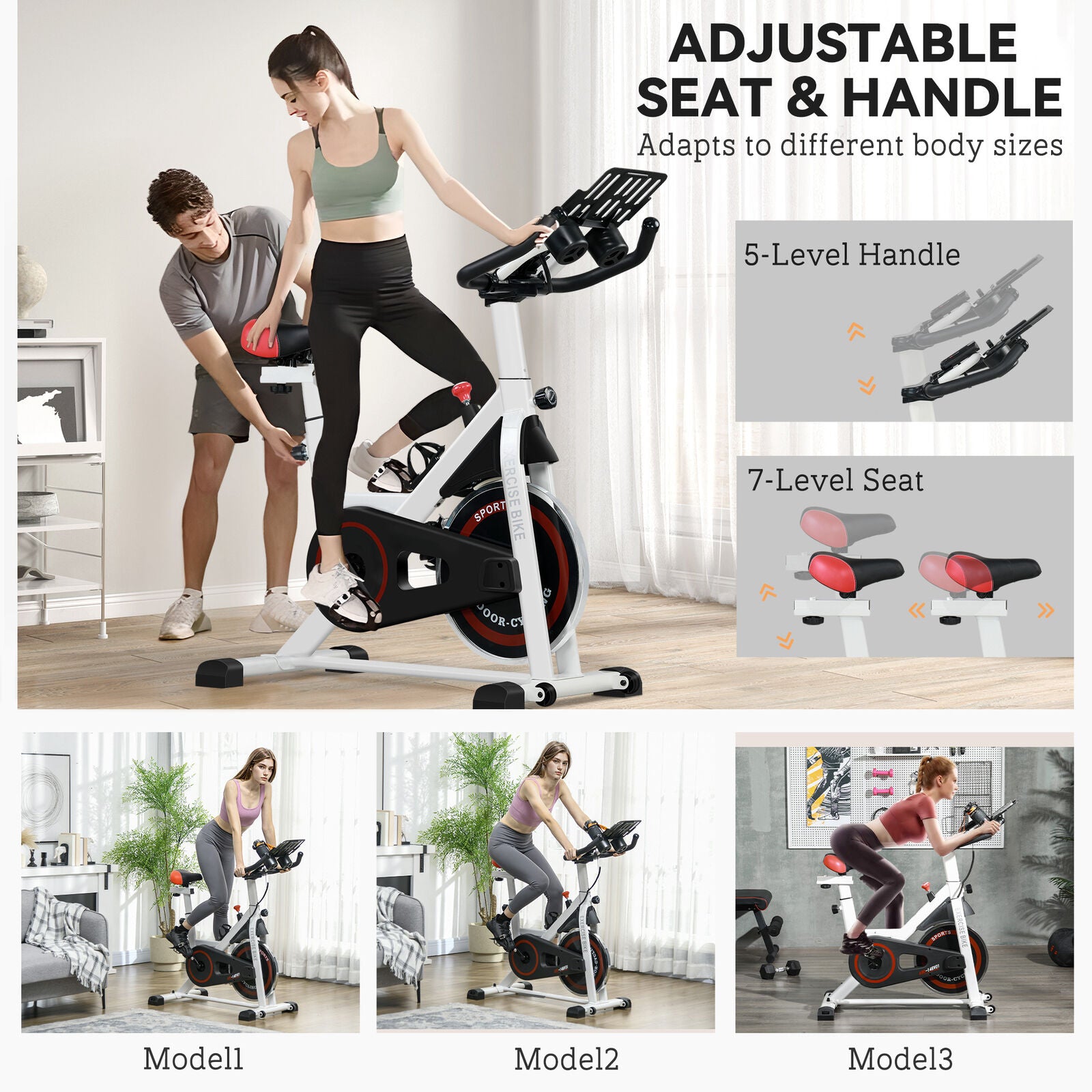 Flywheel Lightweight (8kg) Exercise Bike with Adjustable Height, Resistance, White