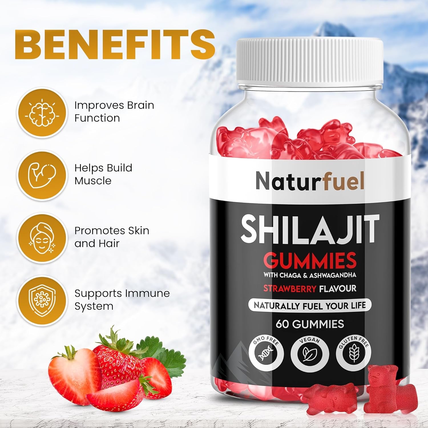 Shilajit Gummies with Ashwagandha and Chaga - Strawberry Flavor, Rich in Fulvic Acid, Supports Immune Health and Vitality, Vegan and Gluten-Free, 60 per pack