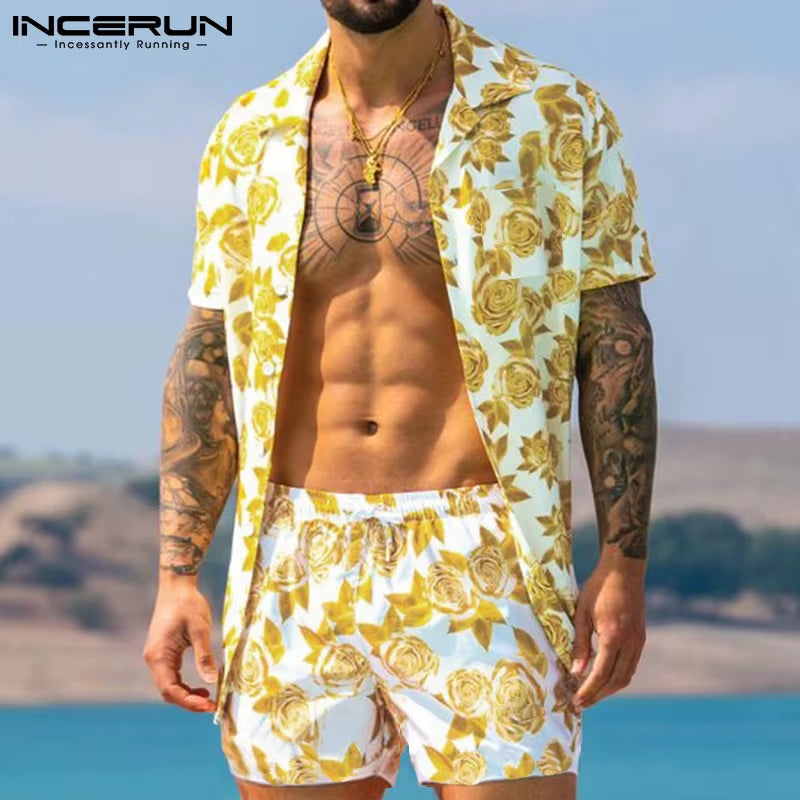 Men's Hawaiian Print Short Sleeve Button-Up Shirt and Beach Shorts Set - Summer Casual 2-Piece Suit (Sizes S-3XL)