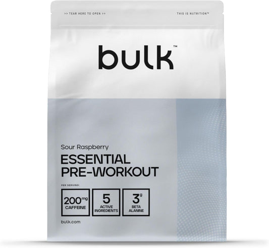 BULK Essential Pre-Workout Powder, Sour Raspberry Flavour (30 Servings)