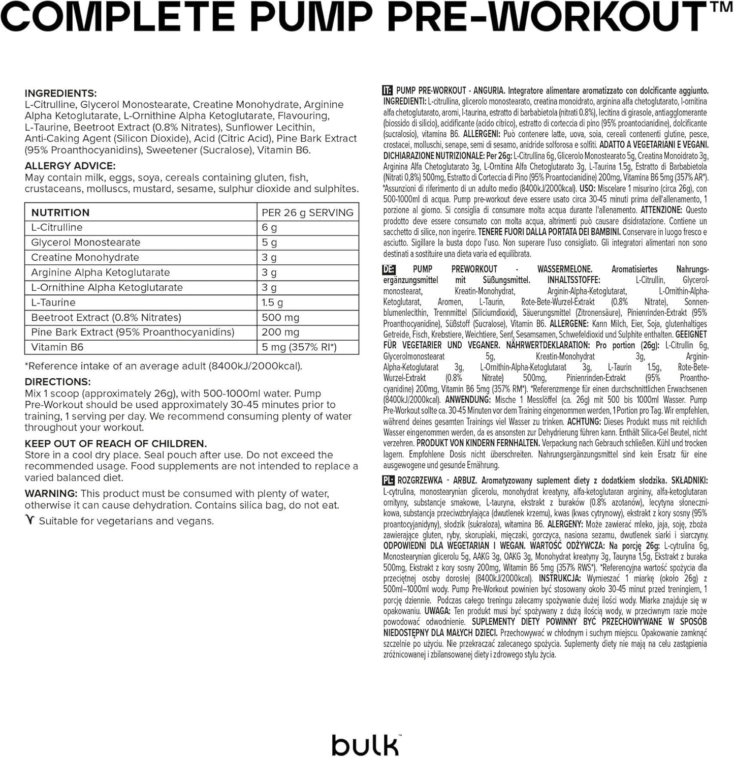 BULK Pump Pre Workout Watermelon Flavour Stimulant Free (19 Servings)