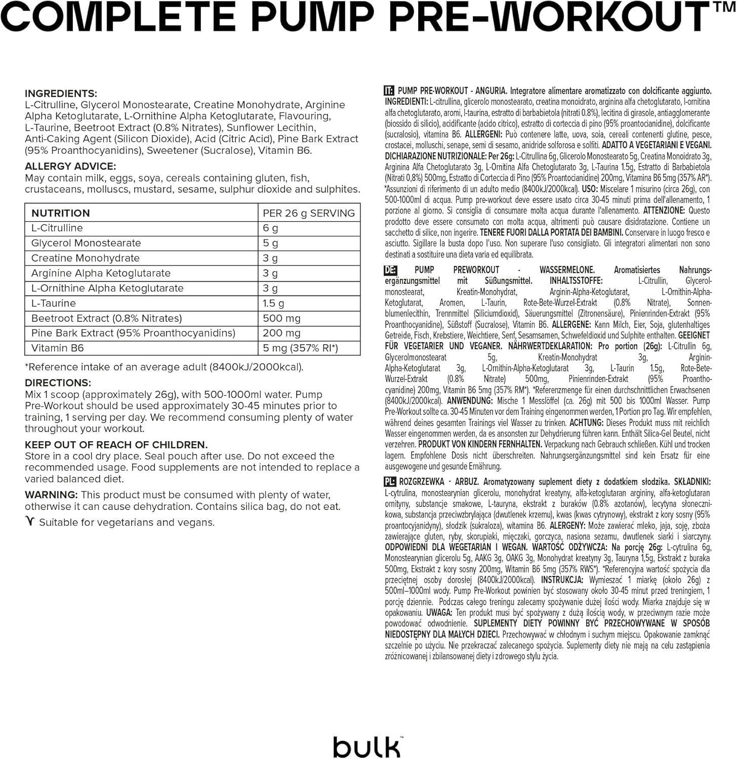 BULK Pump Pre Workout Watermelon Flavour Stimulant Free (19 Servings)