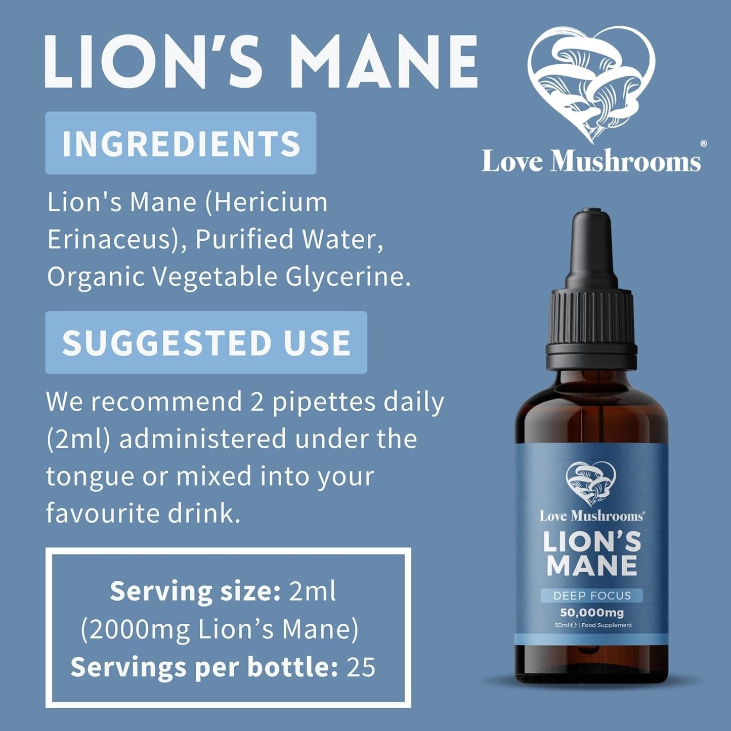 Lion'S Mane Liquid Drops, 50,000Mg, Mushroom Supplement to Support Brain Health, Focus & Memory, Organic & Vegan, 1 X 50Ml Dropper Bottle