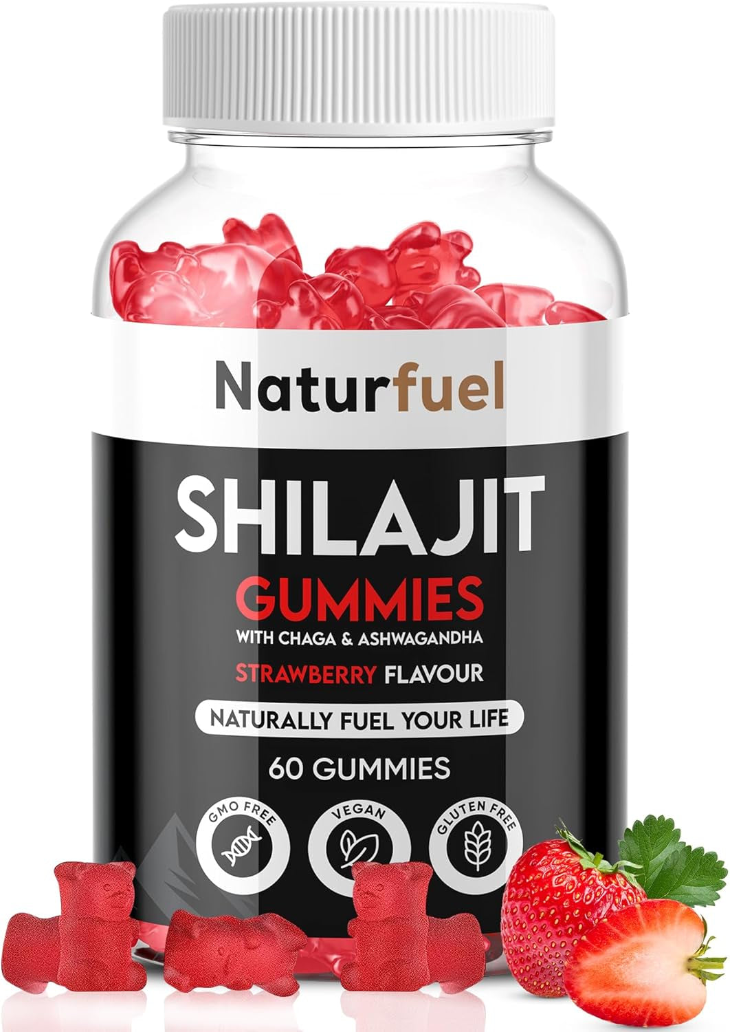 Shilajit Gummies with Ashwagandha and Chaga - Strawberry Flavor, Rich in Fulvic Acid, Supports Immune Health and Vitality, Vegan and Gluten-Free, 60 per pack