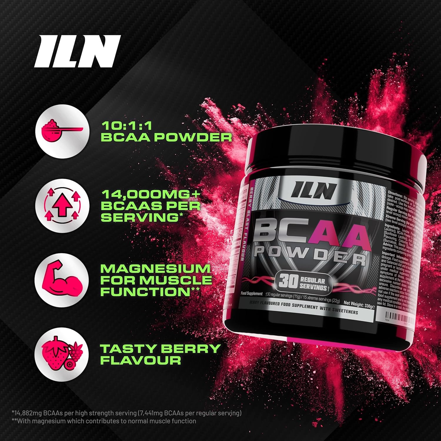 BCAA Powder (Berry Flavour) - 14,000Mg+ Bcaas per Serving - 10:1:1 Ratio - BCAA Amino Acids Drink - Pre Workout, Intra Workout & Post Workout - 330 Grams