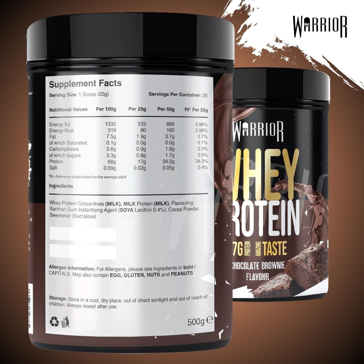 WARRIOR Whey Protein Powder Chocolate Brownie Flavour (36G Protein per Shake) (20 Servings)  