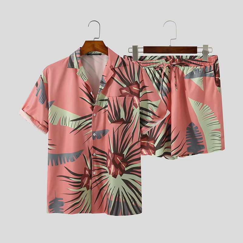 Men's Hawaiian Print Short Sleeve Button-Up Shirt and Beach Shorts Set - Summer Casual 2-Piece Suit (Sizes S-3XL)