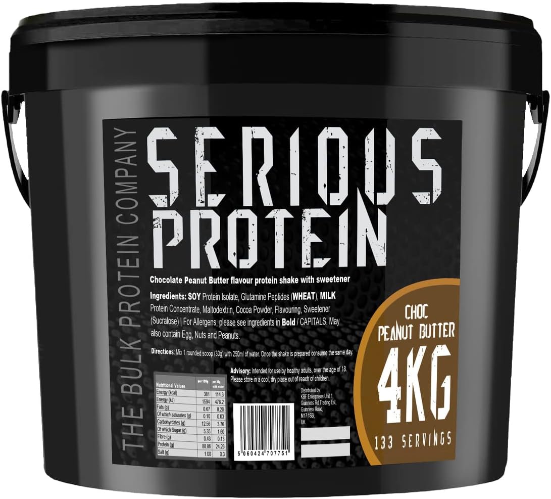 SERIOUS PROTEIN – Protein Powder – 4kg – Low Carb – Supports Lean Muscle Growth – Recovery Supplement - The Bulk Protein Company - 133 Servings (Chocolate Peanut Butter))