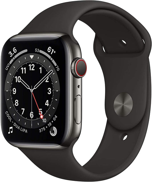 Apple Watch Series 6 (GPS + Cellular, 44MM) Space Black Stainless Steel Case with Black Sport Band (Renewed)