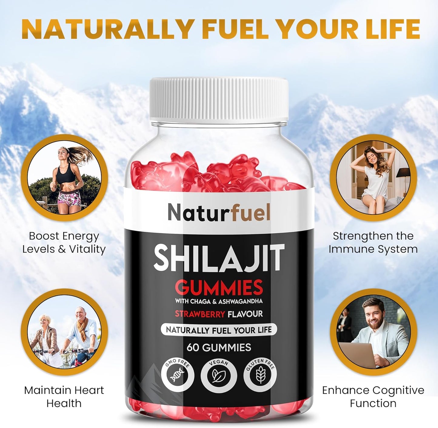 Shilajit Gummies with Ashwagandha and Chaga - Strawberry Flavor, Rich in Fulvic Acid, Supports Immune Health and Vitality, Vegan and Gluten-Free, 60 per pack