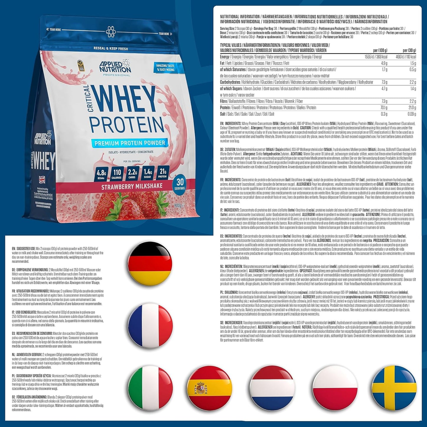 Applied Nutrition Strawberry Critical Whey Protein Powder (21g Protein) (30 Servings)