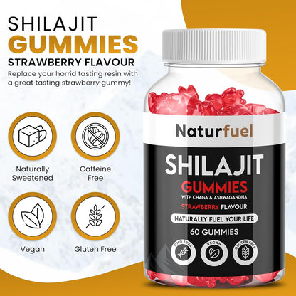 Shilajit Gummies with Ashwagandha and Chaga - Strawberry Flavor, Rich in Fulvic Acid, Supports Immune Health and Vitality, Vegan and Gluten-Free, 60 per pack