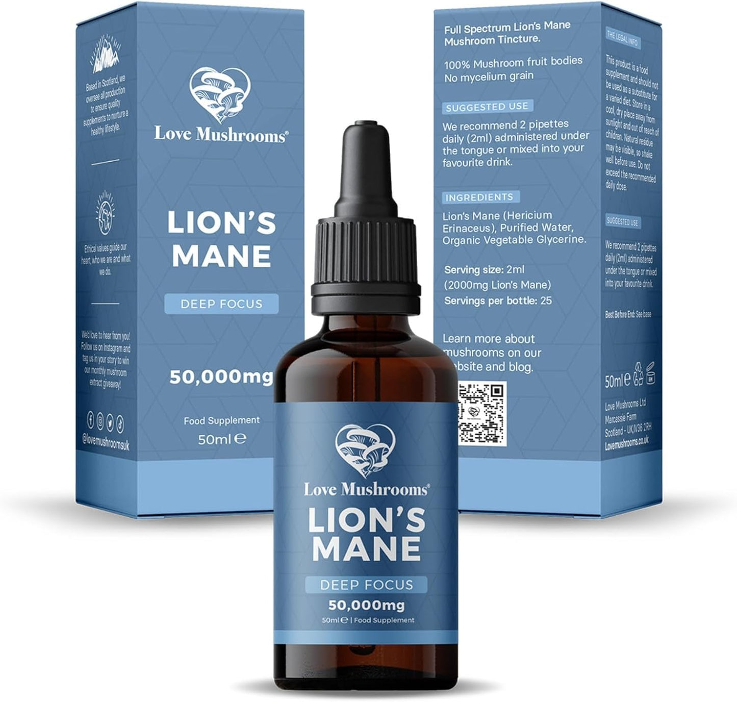 Lion'S Mane Liquid Drops, 50,000Mg, Mushroom Supplement to Support Brain Health, Focus & Memory, Organic & Vegan, 1 X 50Ml Dropper Bottle