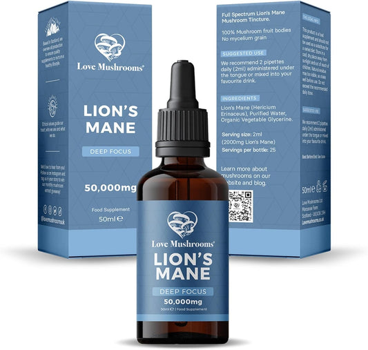 Lion'S Mane Liquid Drops, 50,000Mg, Mushroom Supplement to Support Brain Health, Focus & Memory, Organic & Vegan, 1 X 50Ml Dropper Bottle