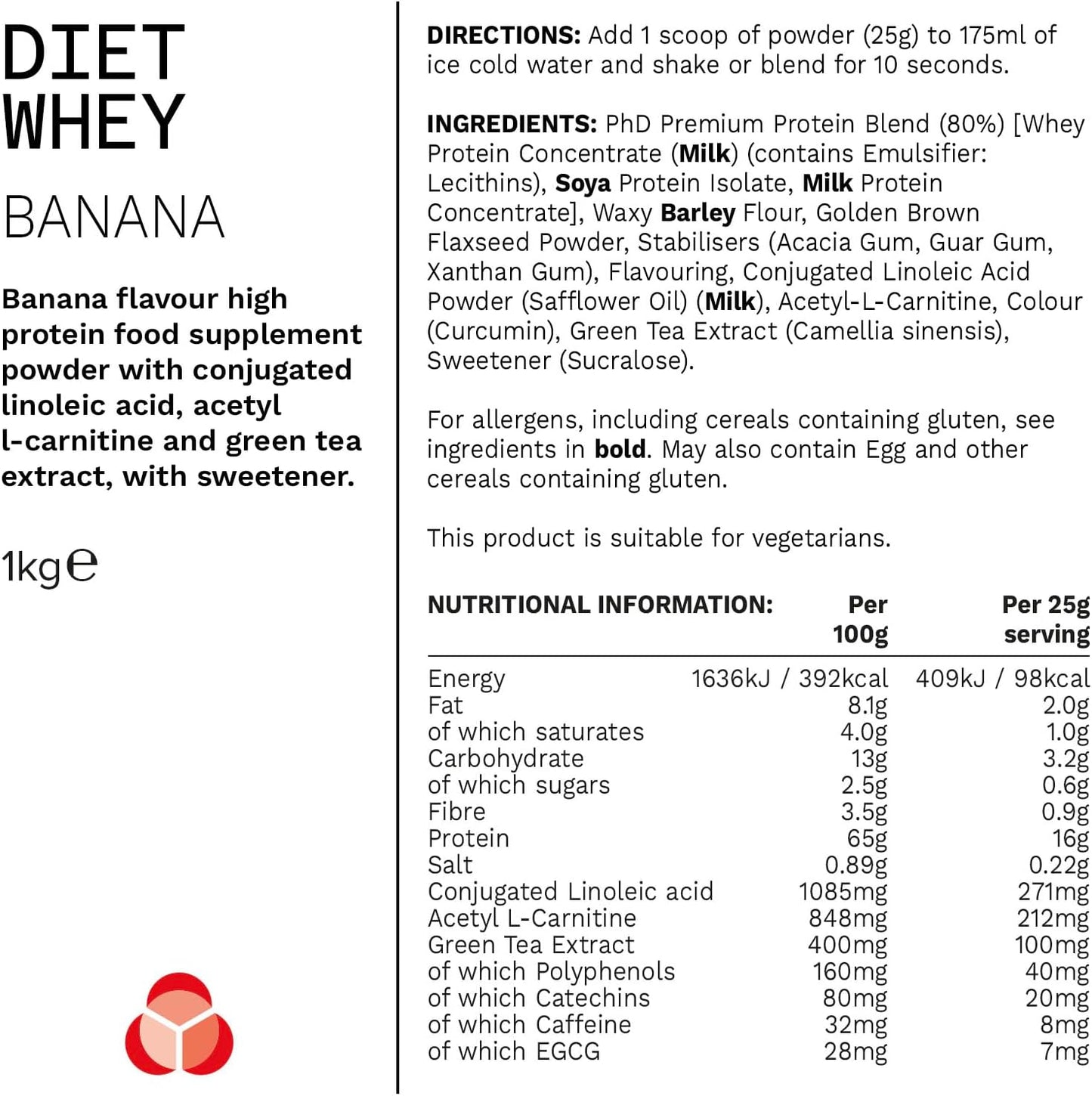 PHD Diet Whey Powder Banana Flavour - 1kg (40 Servings)