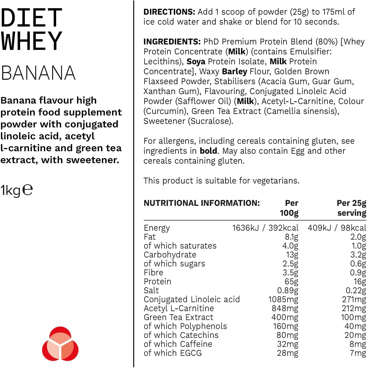 PHD Diet Whey Powder Banana Flavour - 1kg (40 Servings)