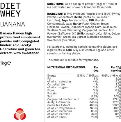 PHD Diet Whey Powder Banana Flavour - 1kg (40 Servings)