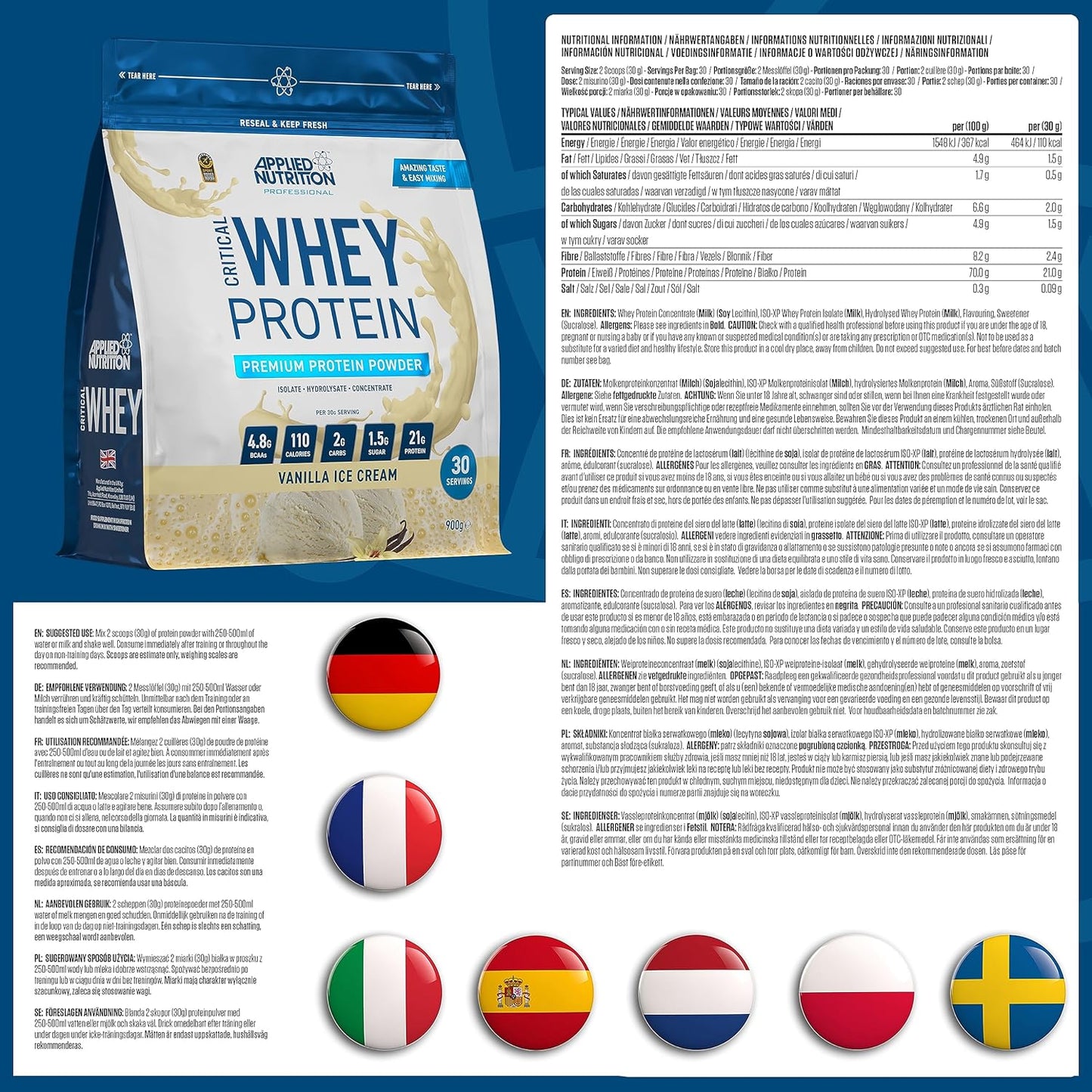 Applied Nutrition Vanilla Critical Whey Protein Powder (21g Protein) (30 Servings) 