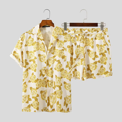 Men's Hawaiian Print Short Sleeve Button-Up Shirt and Beach Shorts Set - Summer Casual 2-Piece Suit (Sizes S-3XL)