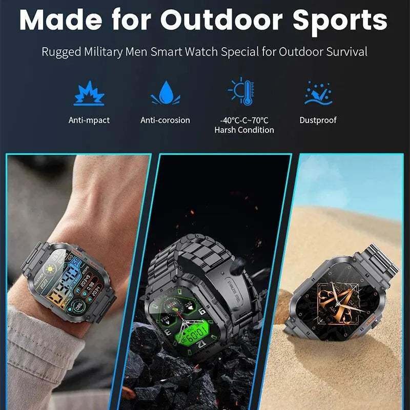 Outdoor Sports Fitness Smartwatch for Men 1.96 Inch Screen Bluetooth Calling Waterproof Watches Blood Oxygen