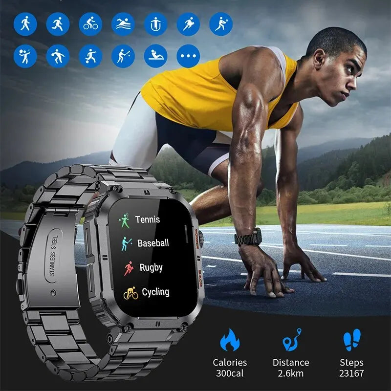 Outdoor Sports Fitness Smartwatch for Men 1.96 Inch Screen Bluetooth Calling Waterproof Watches Blood Oxygen