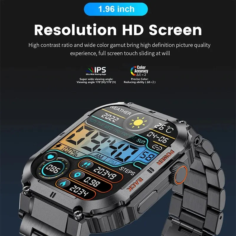 Outdoor Sports Fitness Smartwatch for Men 1.96 Inch Screen Bluetooth Calling Waterproof Watches Blood Oxygen