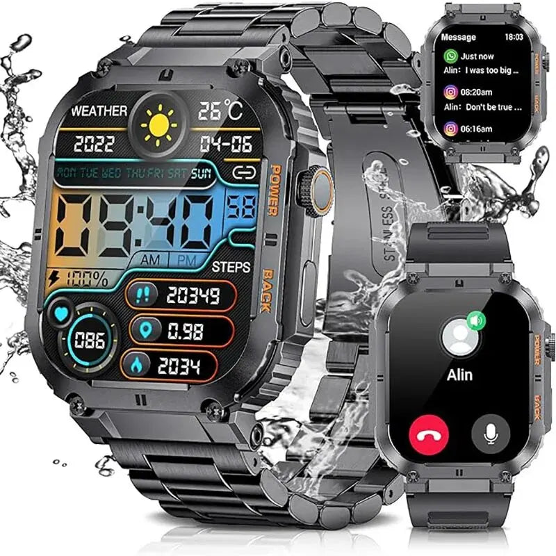 Outdoor Sports Fitness Smartwatch for Men 1.96 Inch Screen Bluetooth Calling Waterproof Watches Blood Oxygen