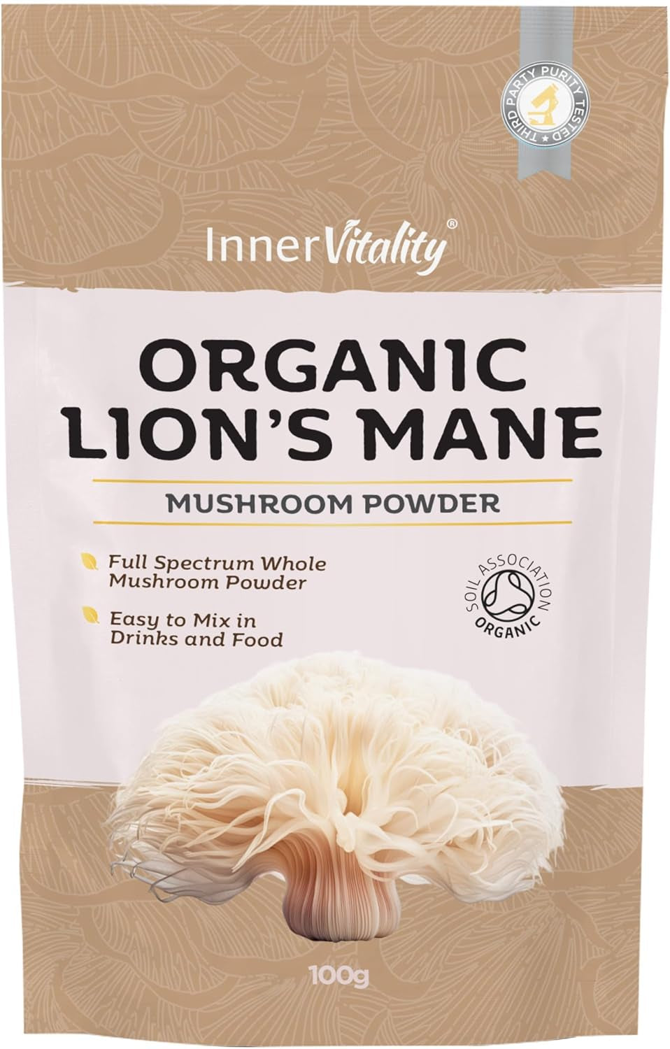 Organic Lions Mane Mushroom Powder - High Strength Full Spectrum Lions Mane Supplement - 100g per pack