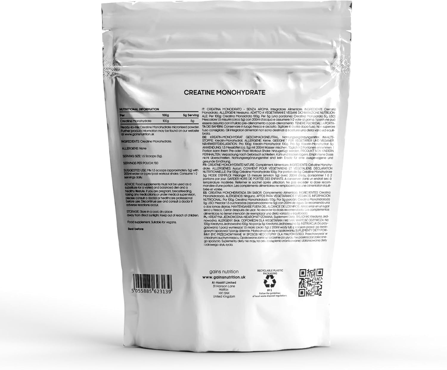 GN Creatine Powder | 500G High Strength Creatine Monohydrate Powder - 5G Creatine per Serving | Unflavoured, Filler Free Creatine Monohydrate | Non-Gmo & Gluten Free