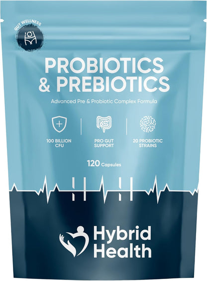 Probiotics & Prebiotics Complex | 120 Vegan Capsules | 100 Billion CFU | Advanced Strength Probiotics with 20 Diverse Strains | Pre & Probiotics for Women and Men