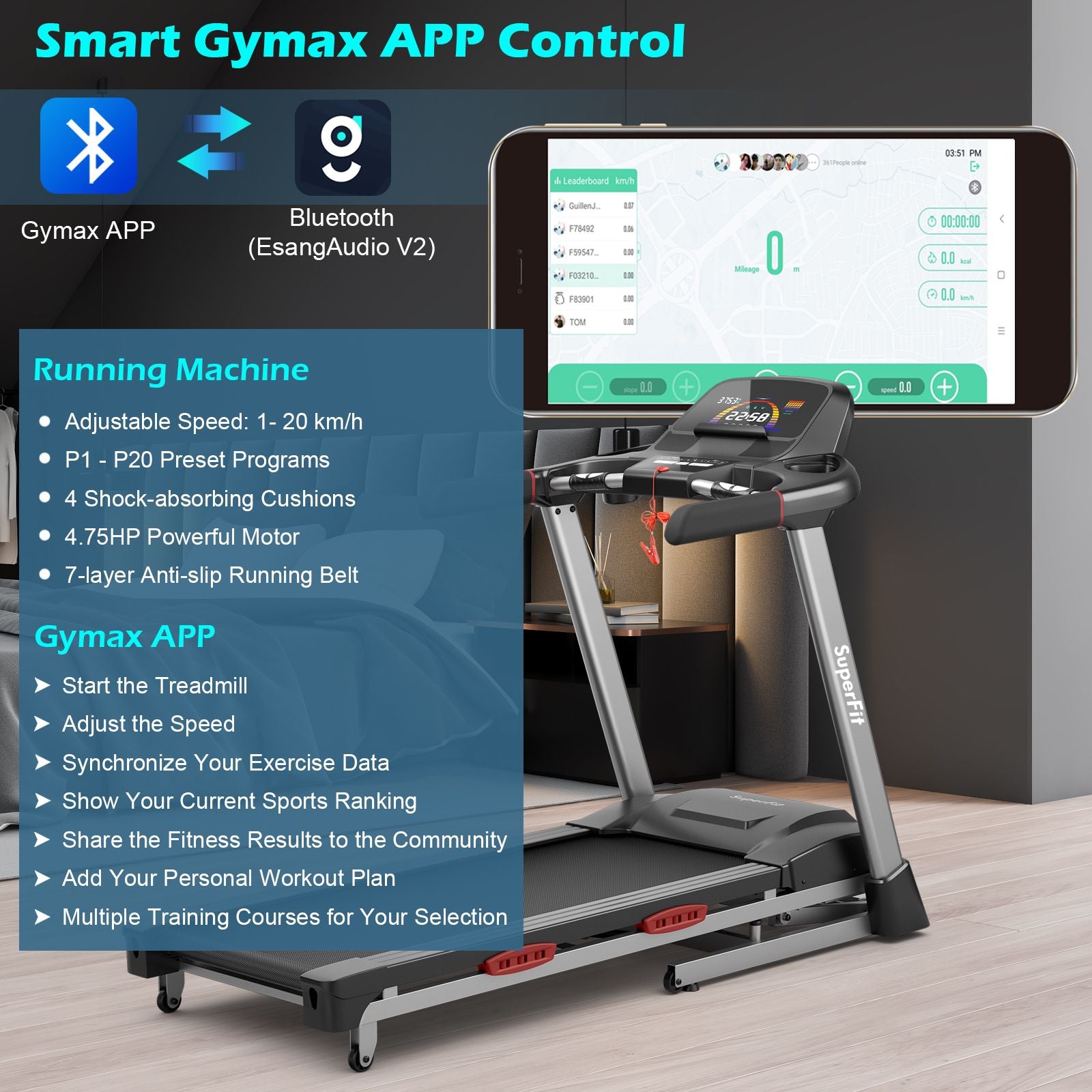 4.75HP Folding Treadmill - 20 Pre-Set Programs & Bluetooth Speakers + LED Display Included!