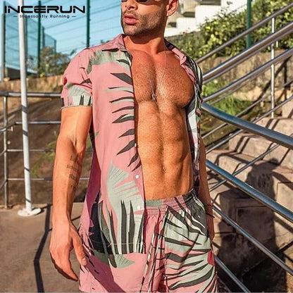 Men's Hawaiian Print Short Sleeve Button-Up Shirt and Beach Shorts Set - Summer Casual 2-Piece Suit (Sizes S-3XL)