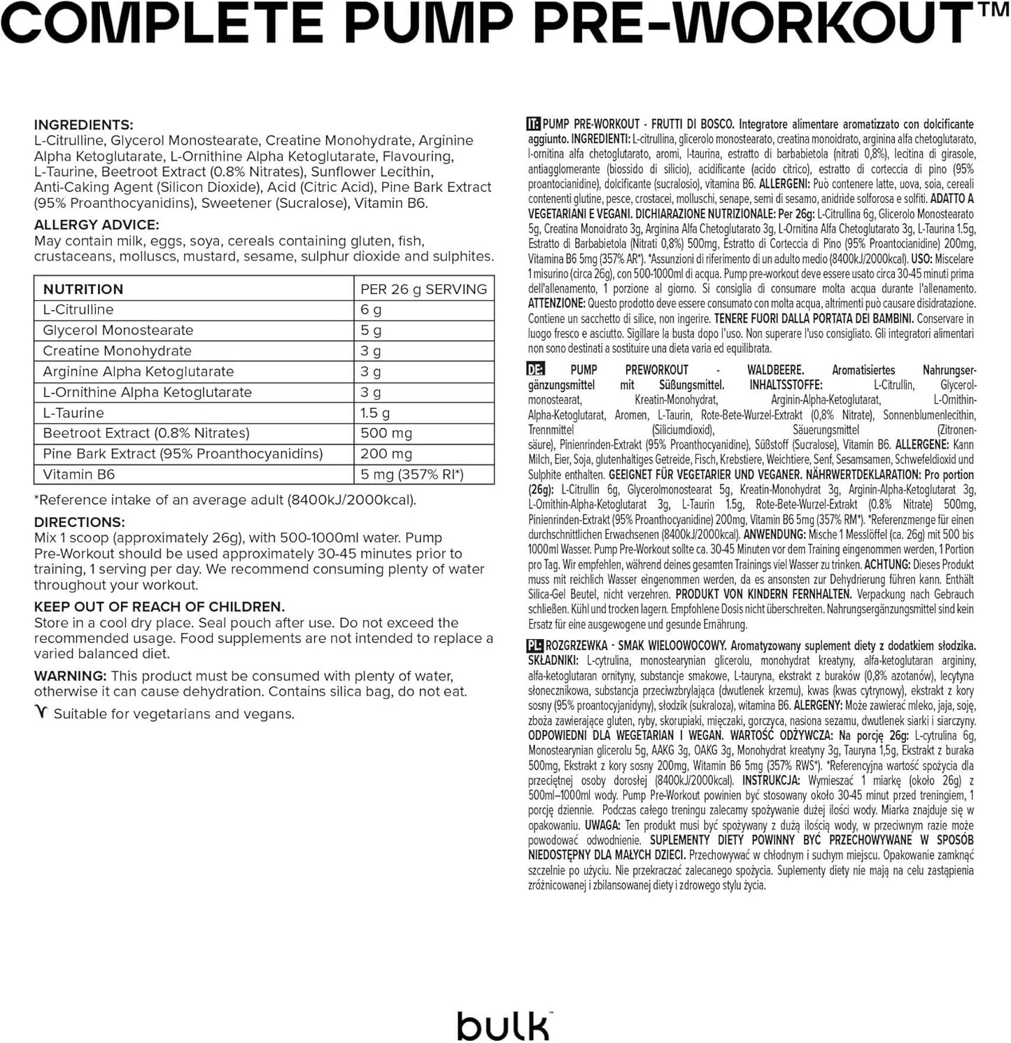 BULK Pump Pre Workout Mixed Berry Flavour Stimulant Free (19 Servings)