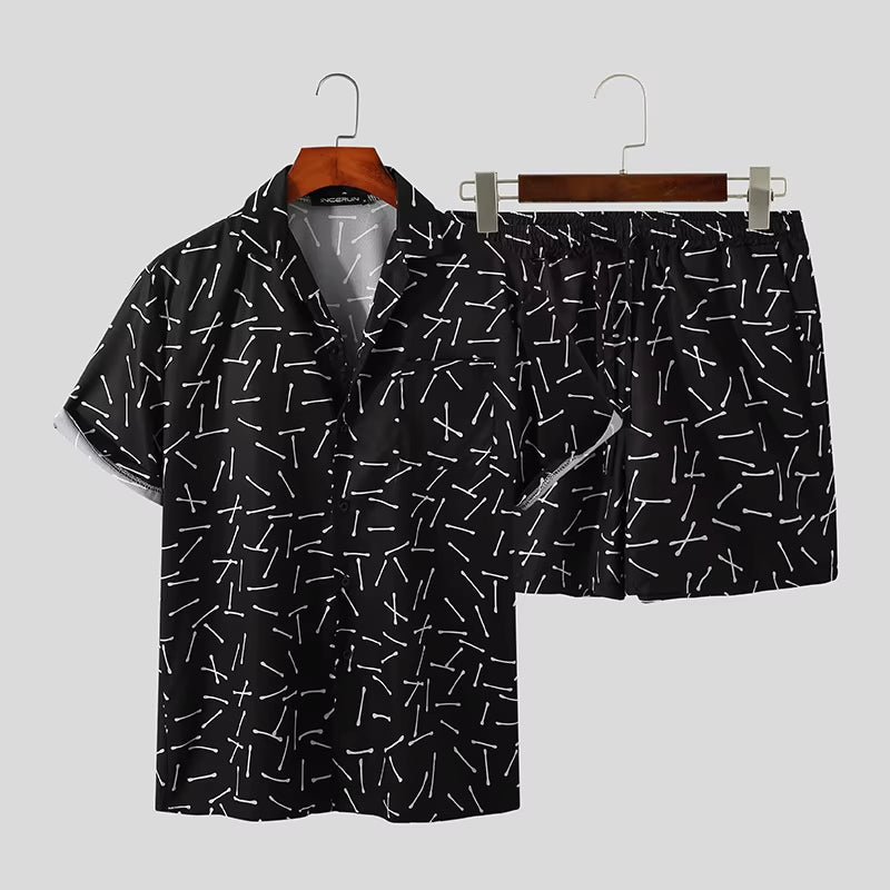 Men's Hawaiian Print Short Sleeve Button-Up Shirt and Beach Shorts Set - Summer Casual 2-Piece Suit (Sizes S-3XL)