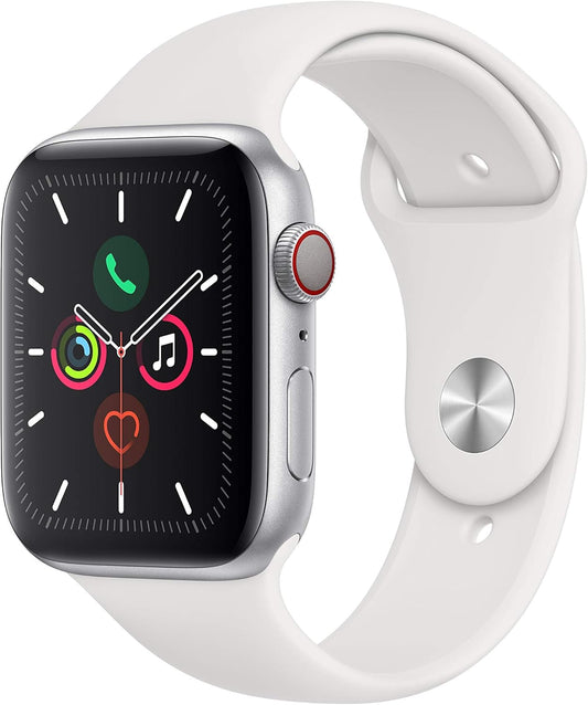 Apple Watch Series 5 (GPS, 44M) - Silver Aluminium Case with White Sport Band (Renewed)