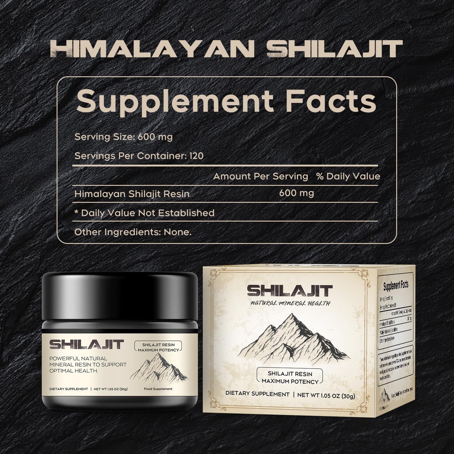 Pure Himalayan Shilajit Resin 600mg with 85+ Trace Minerals Complex for Energy Support, 30g per Box (Suggested Use: 2 Months)