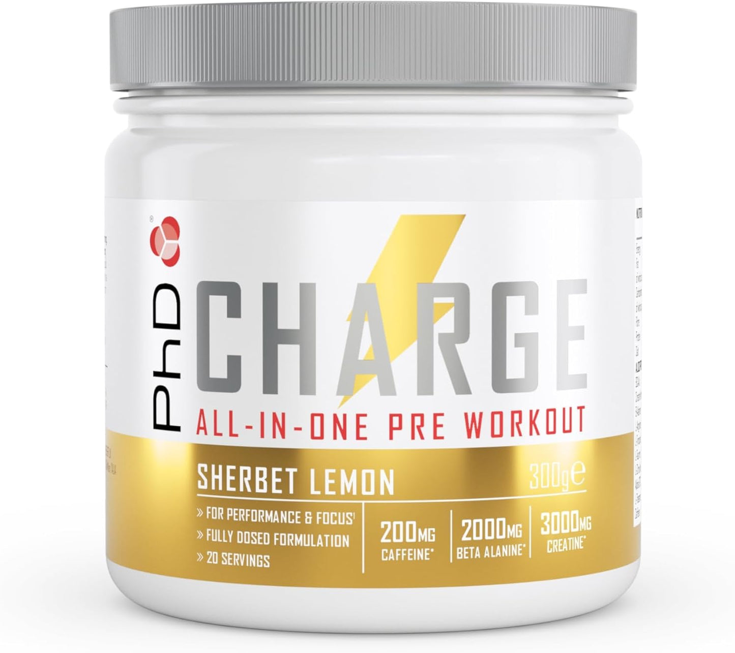 PHD - Charge Pre Workout Powder with Creatine Sherbet Lemon Flavour (20 Servings)