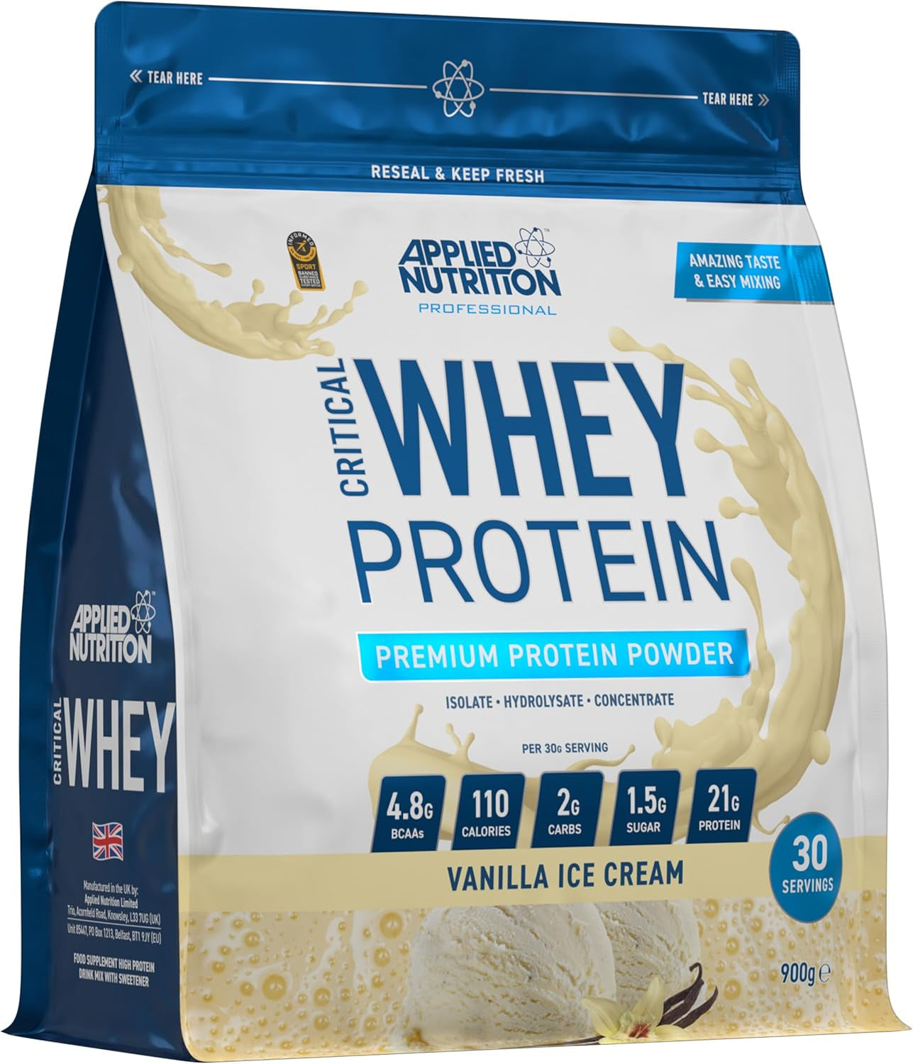 Applied Nutrition Vanilla Critical Whey Protein Powder (21g Protein) (30 Servings) 